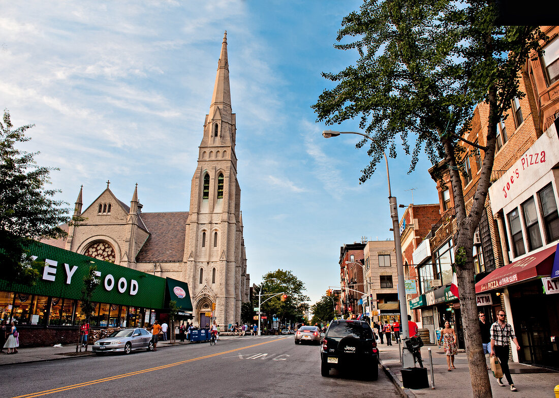 View of people at Park Slope and reformed church road, New York, USA