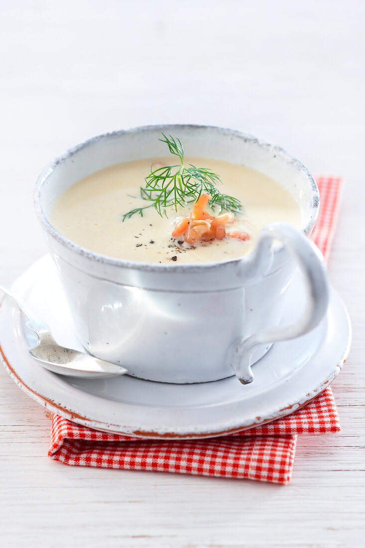 Sauerkraut soup with crab and dill in bowl