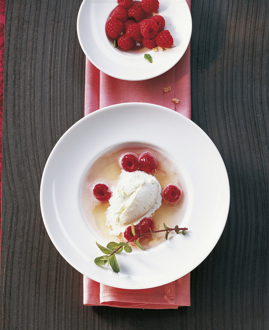 Elderflower soup with yogurt and lime ice on plate