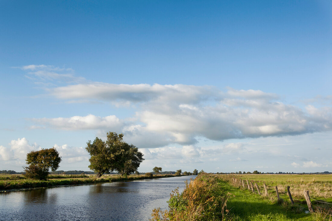 View of flowing water, landscape, clouds and sky at Worpswede, Germany