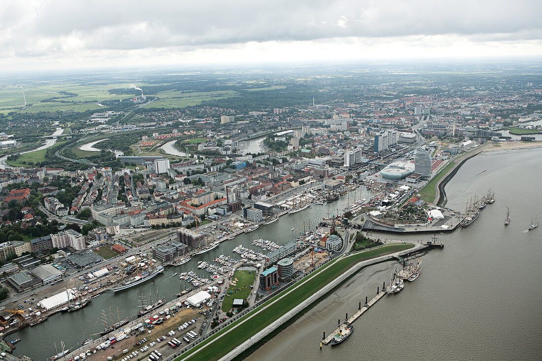 Aerial view of harbour and Bremerhaven city, Bremen, Germany