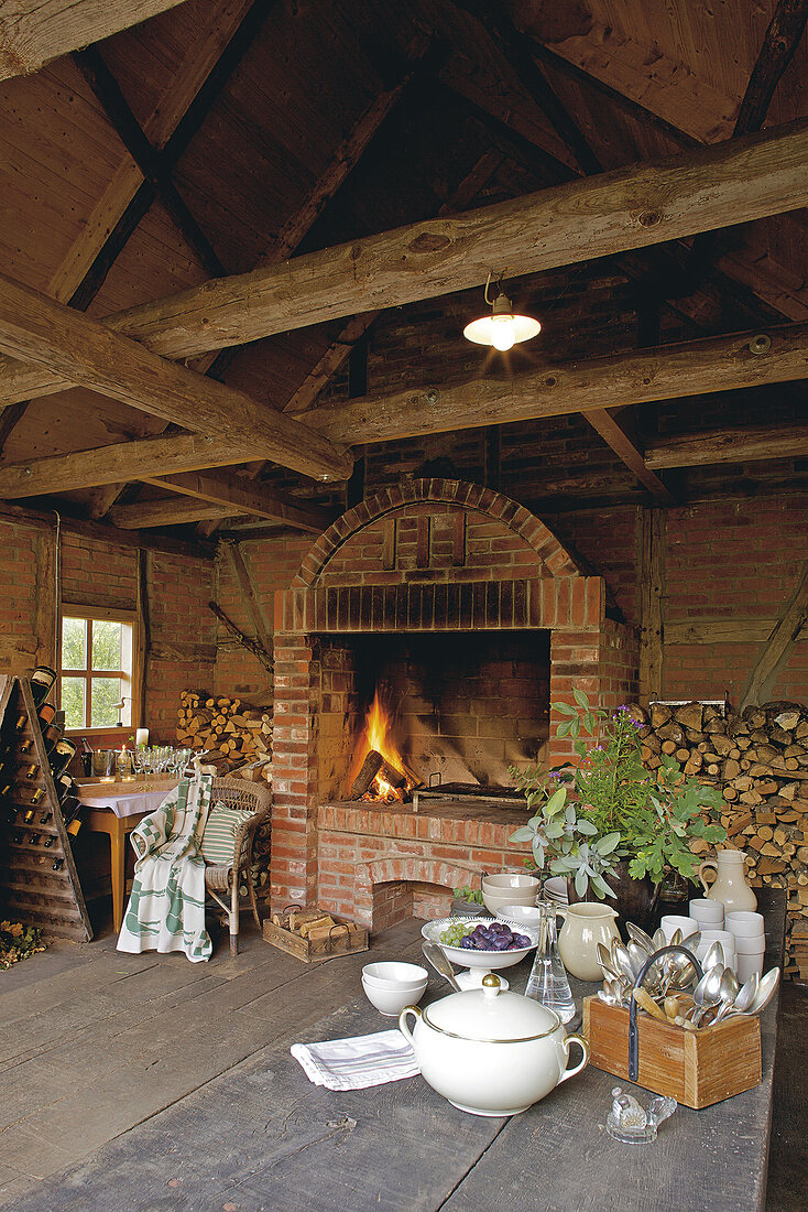 Fireplace in garden shed