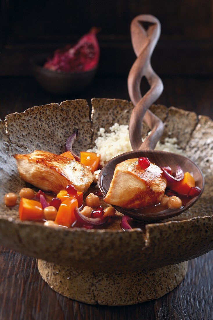 Chicken tagine with pumpkin, chickpeas and pomegranate seeds