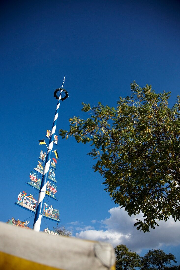 Low angle view of Maypole at the Viktualienmarkt, Munich, Germany