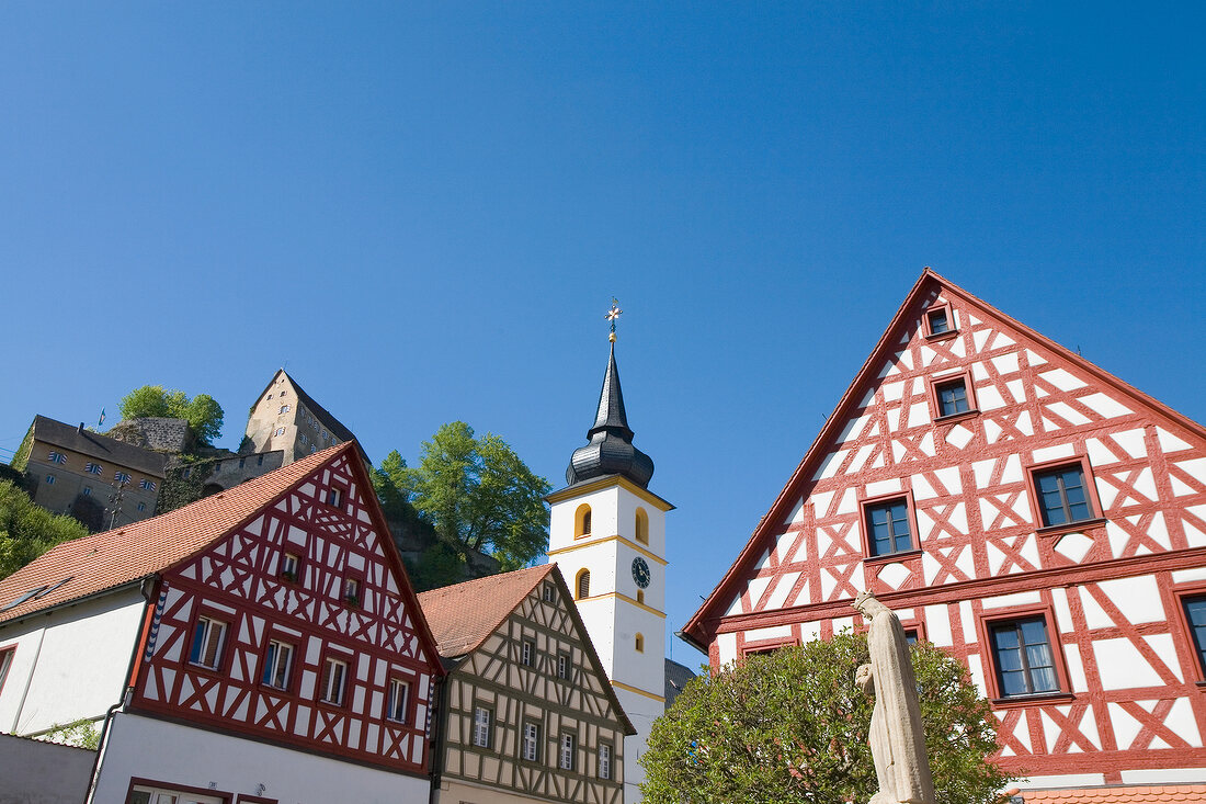 Half timbered houses in Tuchersfeld, Franconian Switzerland, Bavaria, Germany