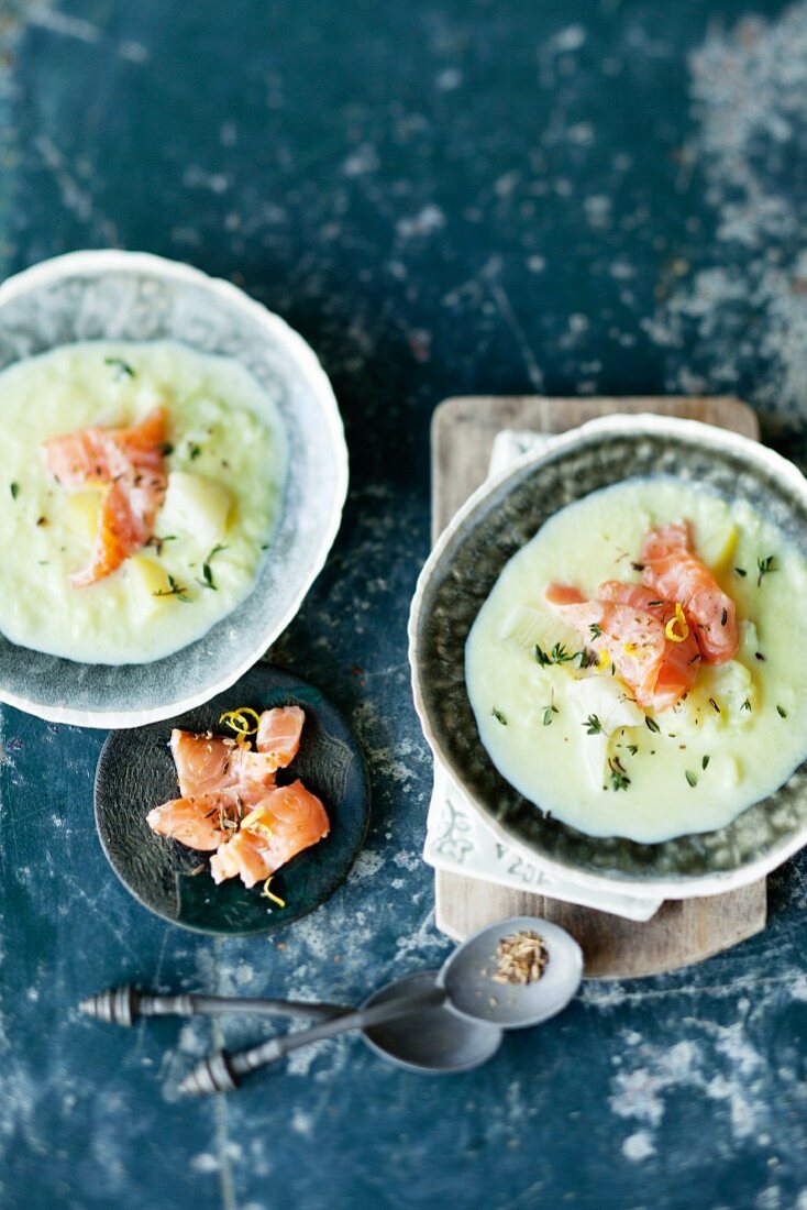 Fennel and cauliflower soup with salmon