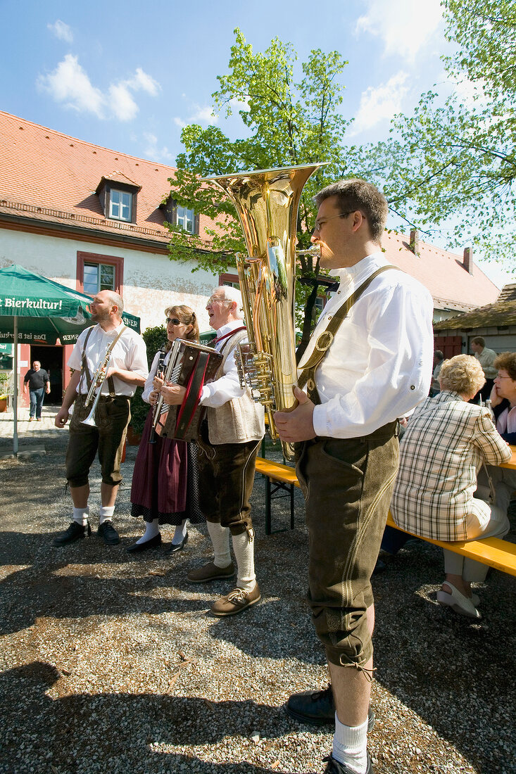 People playing trumpet in festival at Natural Park, Bavaria, Franconian, Switzerland