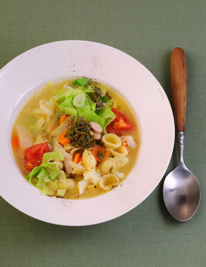 Minestrone soup with cabbage in serving dish