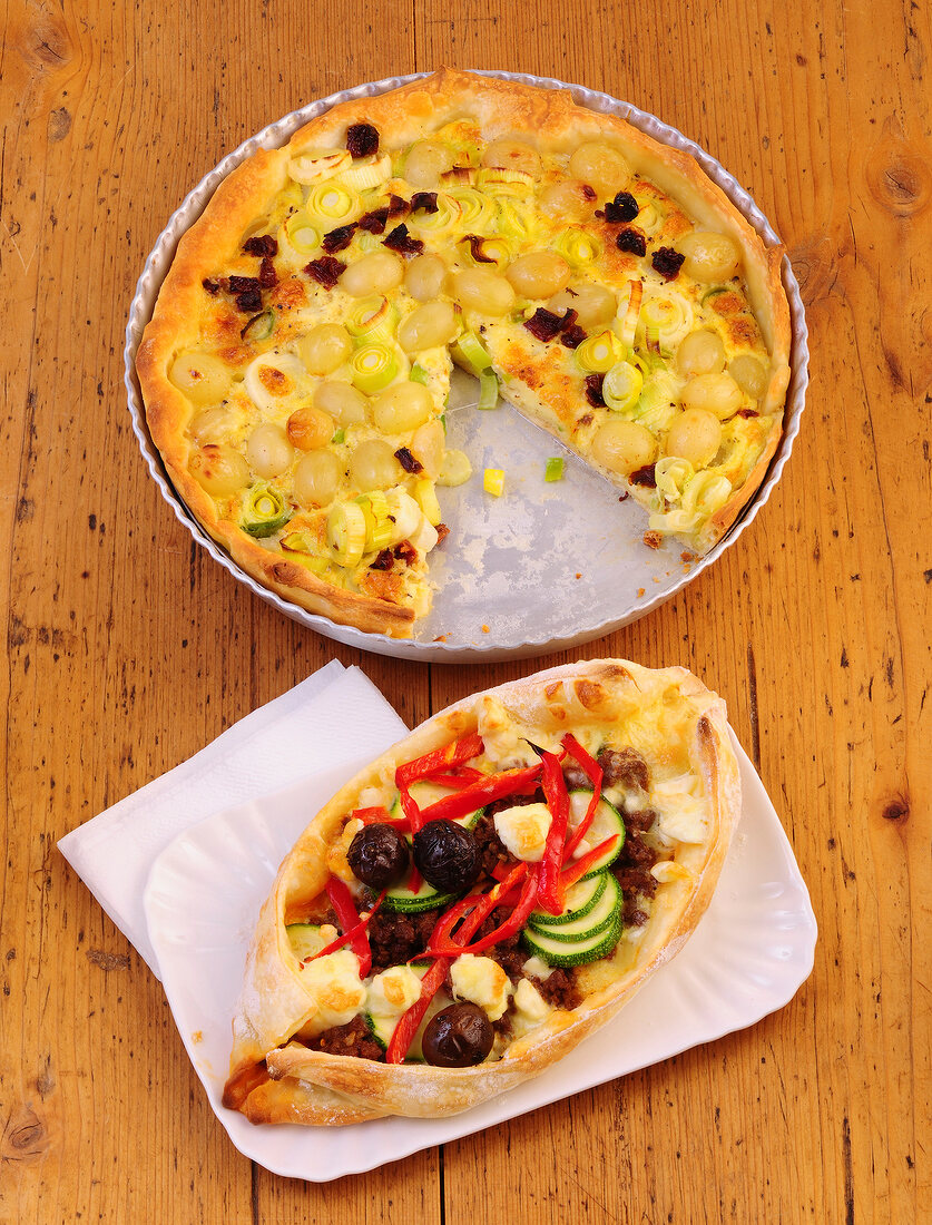 Pide with hack, leek and cheese tart with grapes