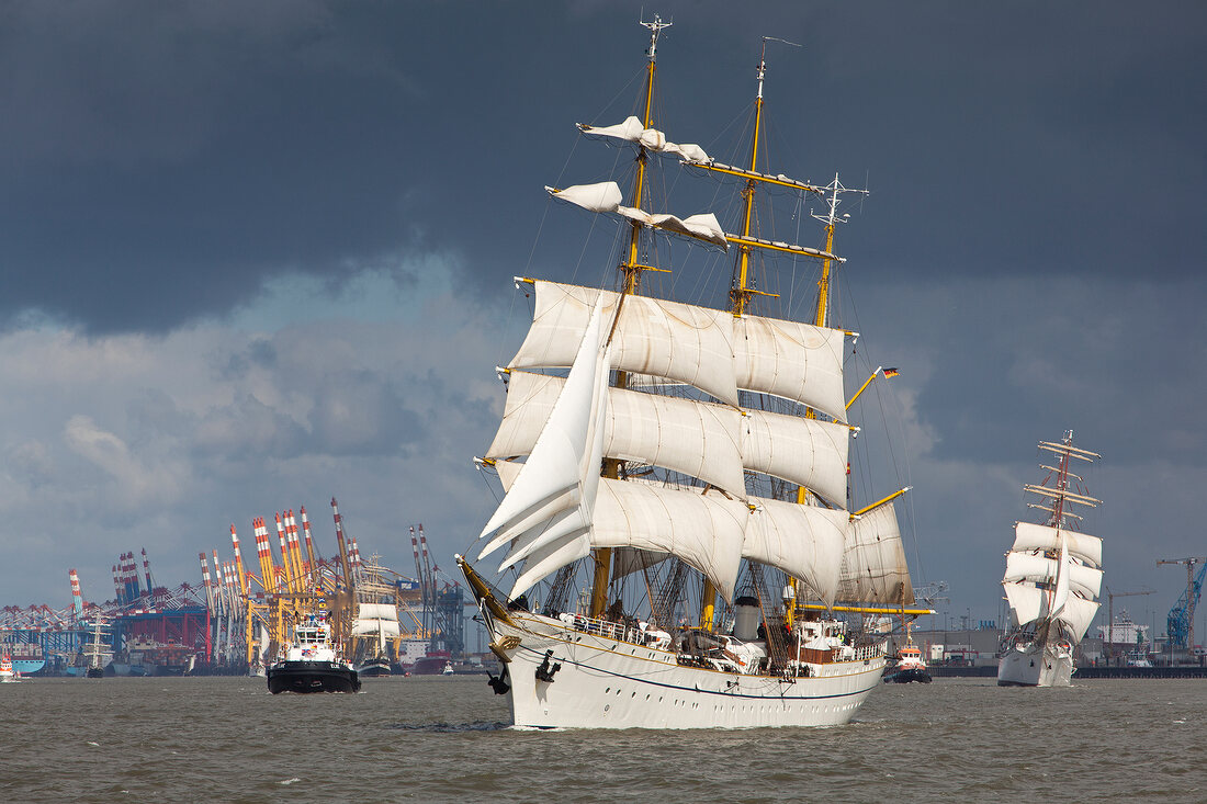 Gorch Fock sailing in sea near Atlantic Hotel Sail City in Bremerhaven, Bremen, Germany