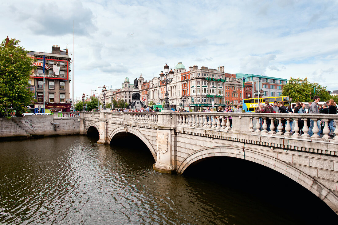 People standing on O'Connell Bridge, Liffey river, Dublin, Ireland