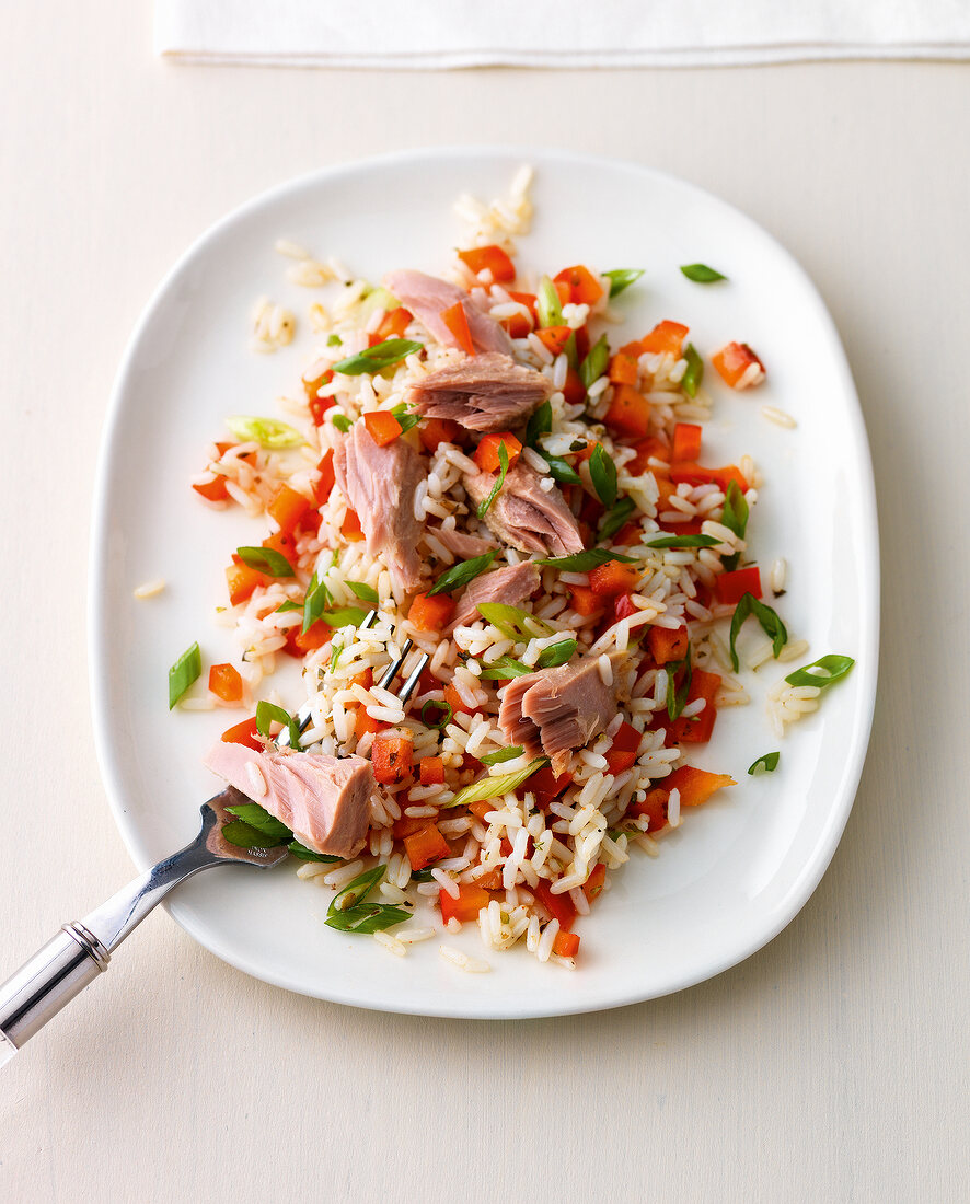 Malaga rice salad with tuna on plate