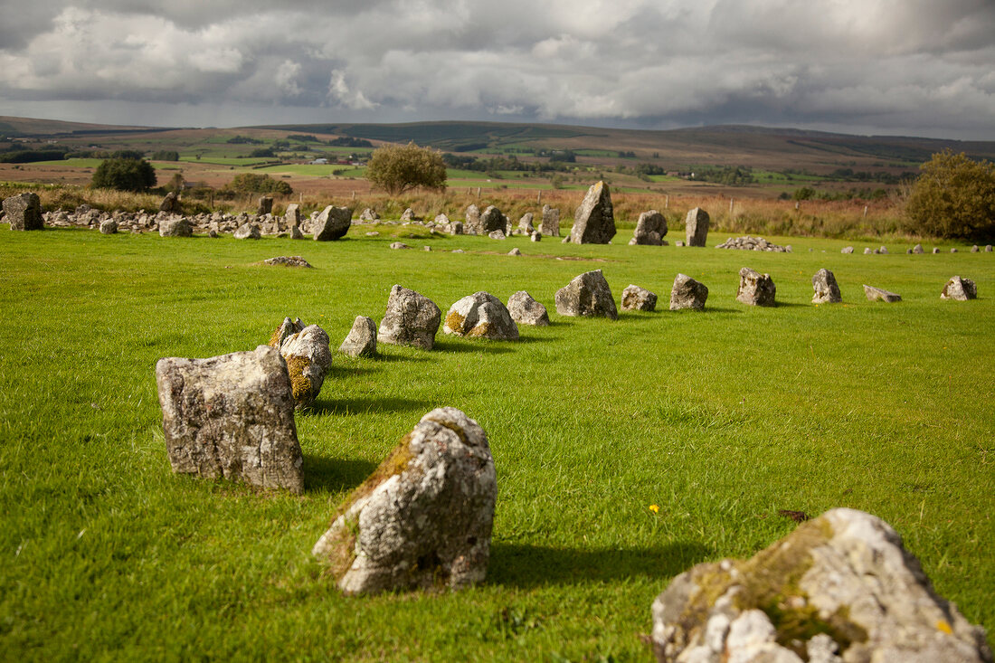 Irland: County Tyrone, Steinkreise, Wiese grün.