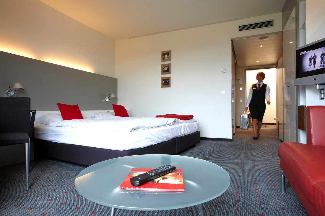 Housekeeper at room in hotel at Vaihingen, Stuttgart, Baden-Wurttemberg, Germany