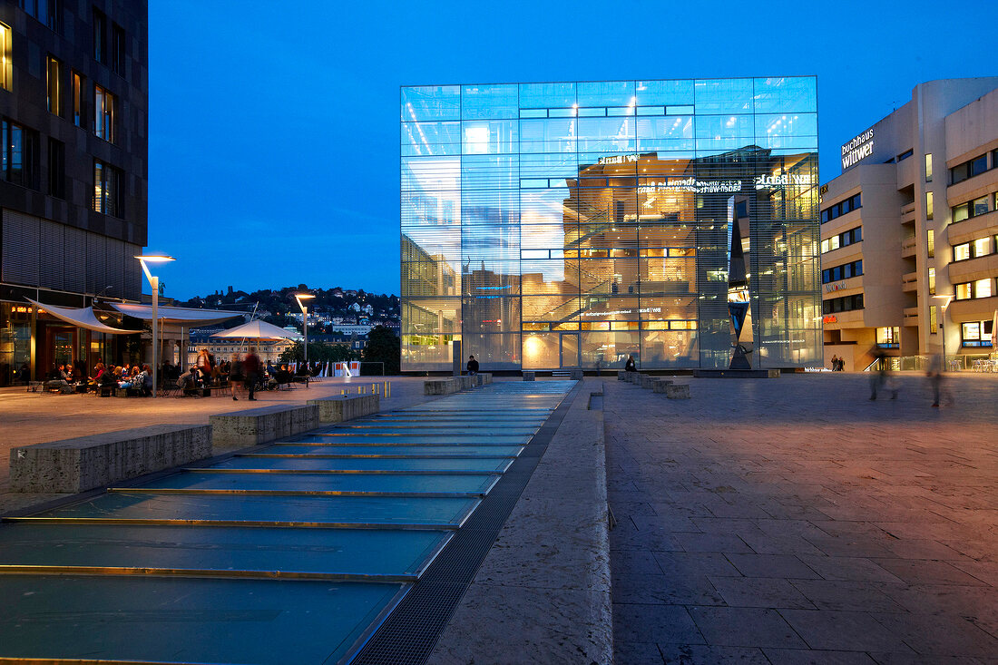 Facade of illuminated Museum of Fine Arts in Stuttgart