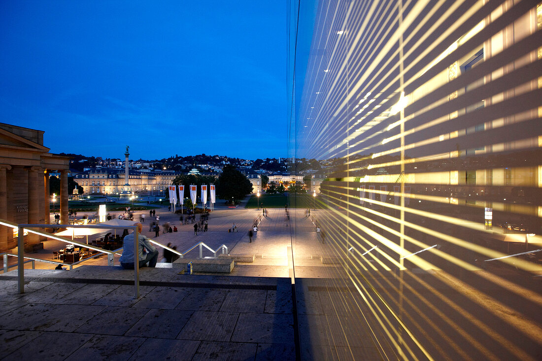 Facade of illuminated Museum of Fine Arts in Stuttgart