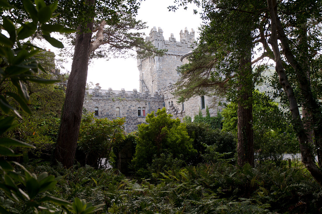 Irland: Glenveagh-Nationalpark, Burg Glenveagh, Bäume.