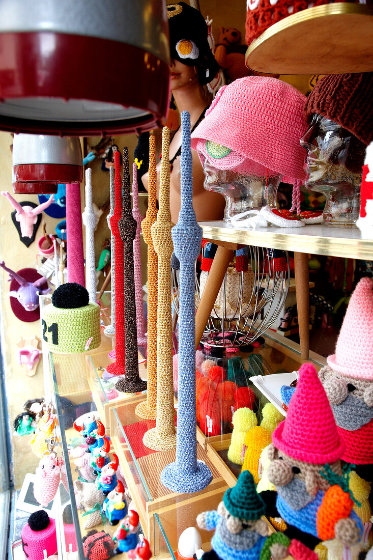 Toys made from wool at Mascherie in Stuttgart West, Stuttgart, Baden-Wurttemberg, Germany