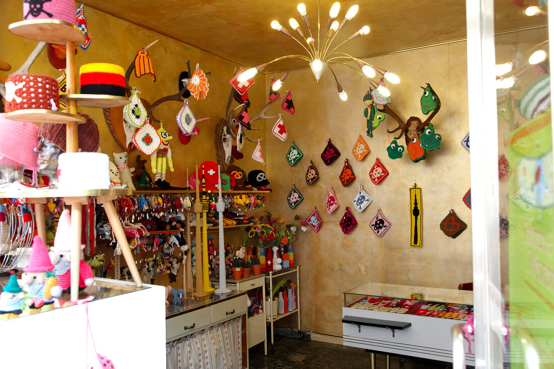 Toys made from wool at Mascherie in Stuttgart West, Stuttgart, Baden-Wurttemberg, Germany