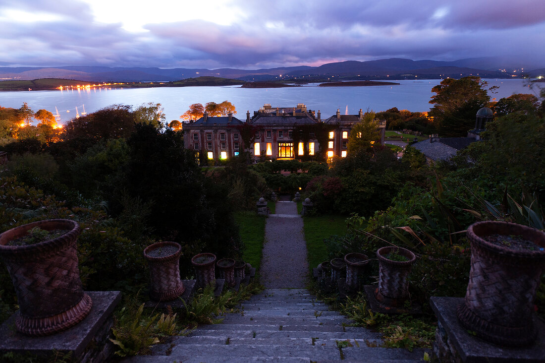 View of houses overlooking mountains at evening, Bantry Bay, Ireland