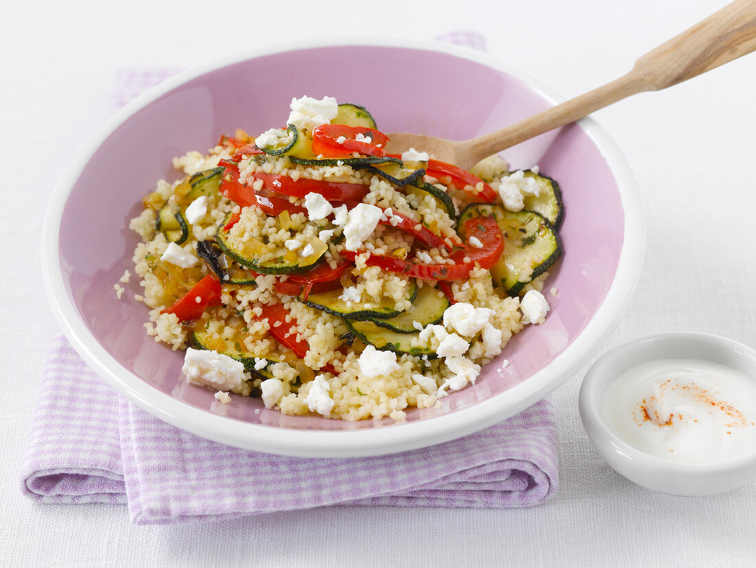 Stir fried vegetable with couscous in bowl