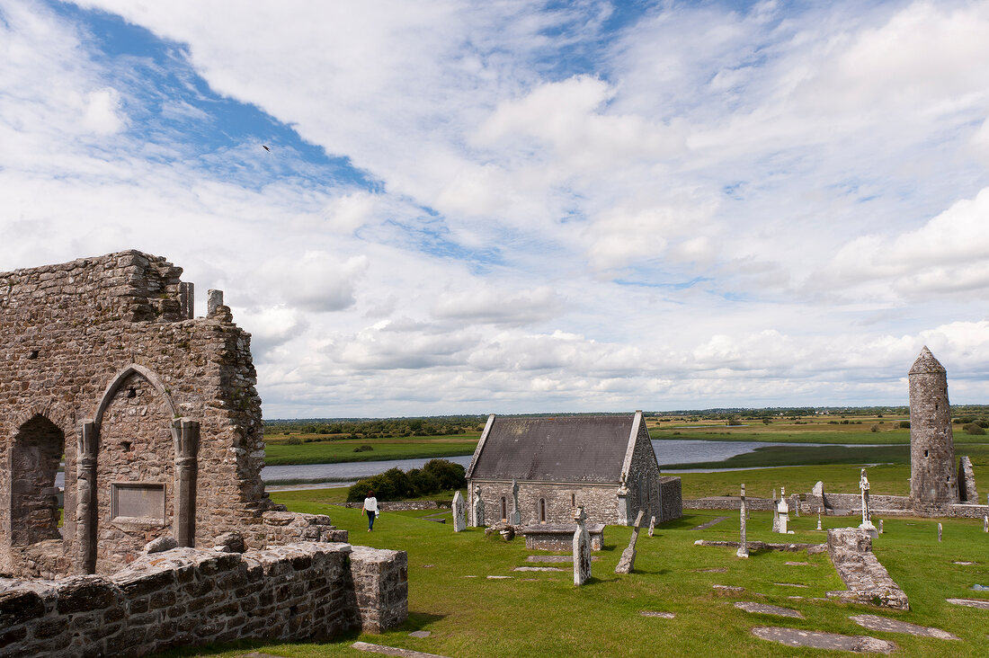 Ruins of Clonmacnoise monastery, County Offaly, Ireland, UK