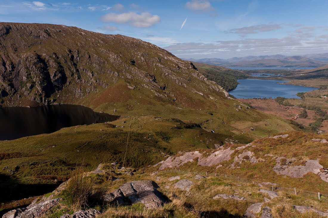 View of lake and landscape from Beara Peninsula mountain, Ireland, UK