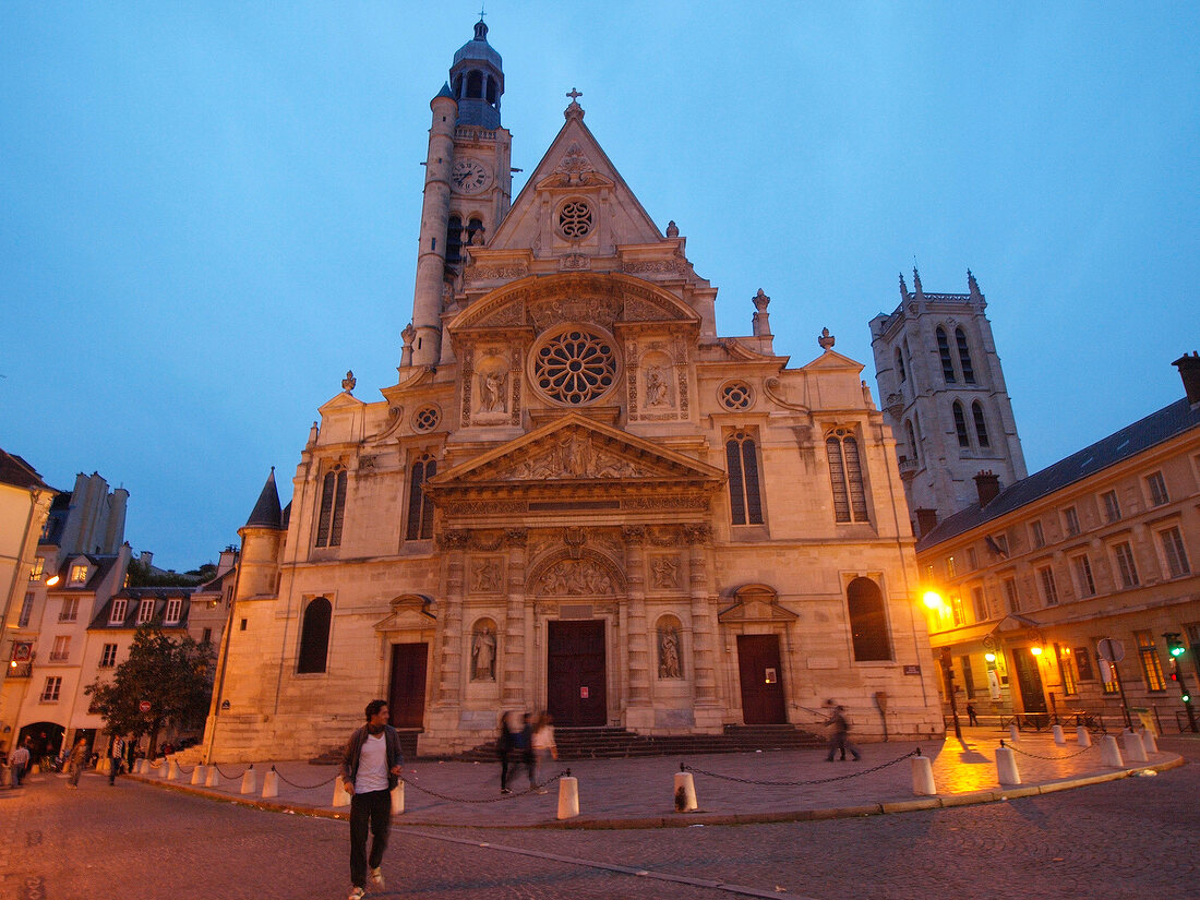 Facade of Pantheon at dusk in Paris, France