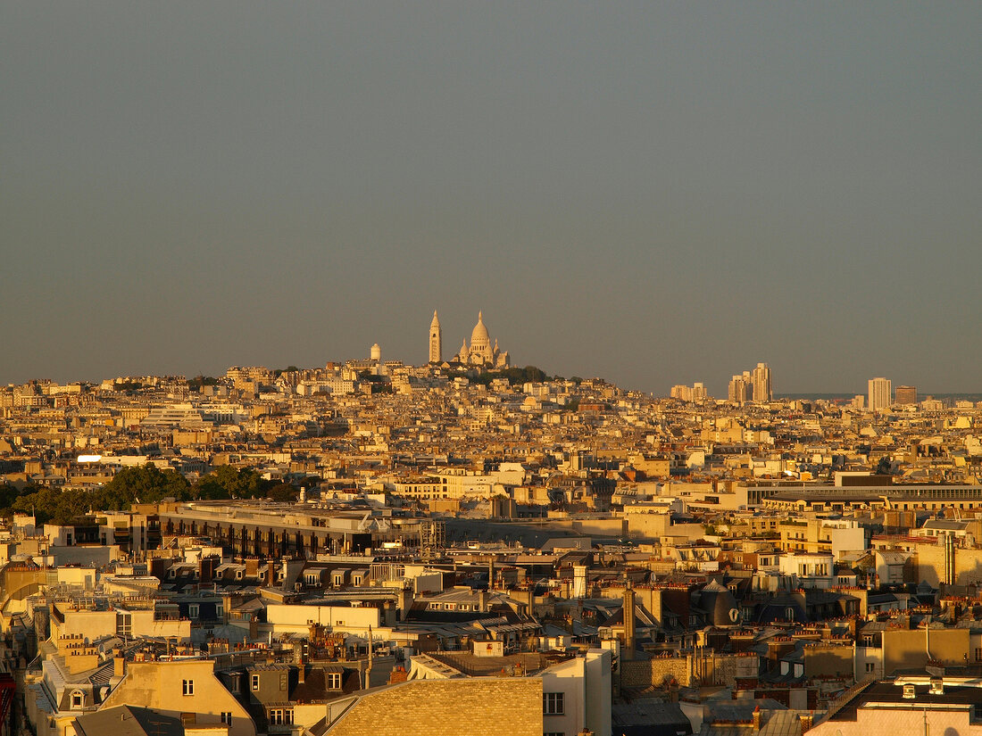 View of cityscape at dusk in Paris, France