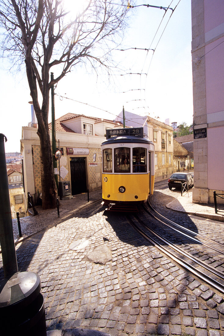 Lisbon tram in Alfama, Portugal