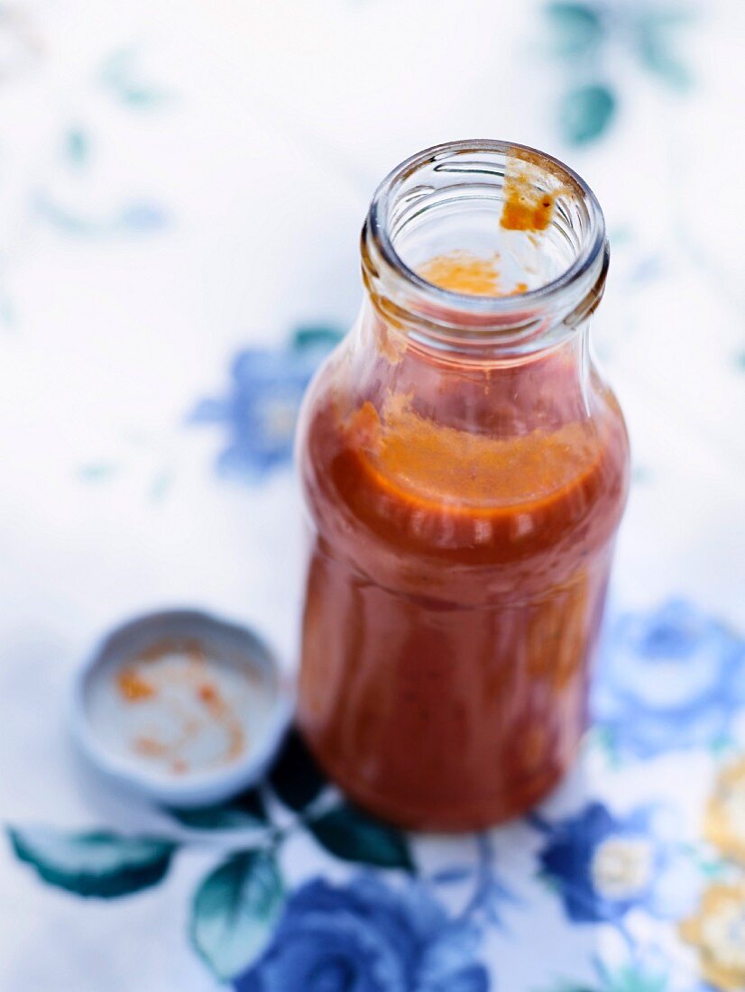 A bottle of homemade tomato and plum ketchup