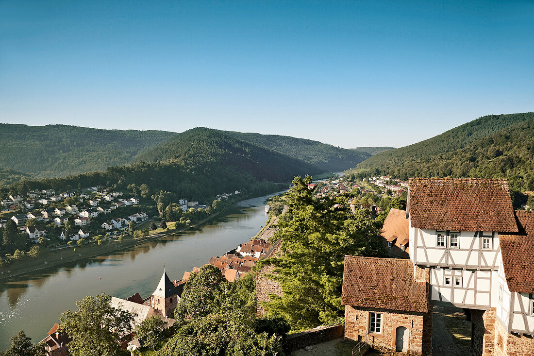 View of town and Hirschhorn hills in Germany