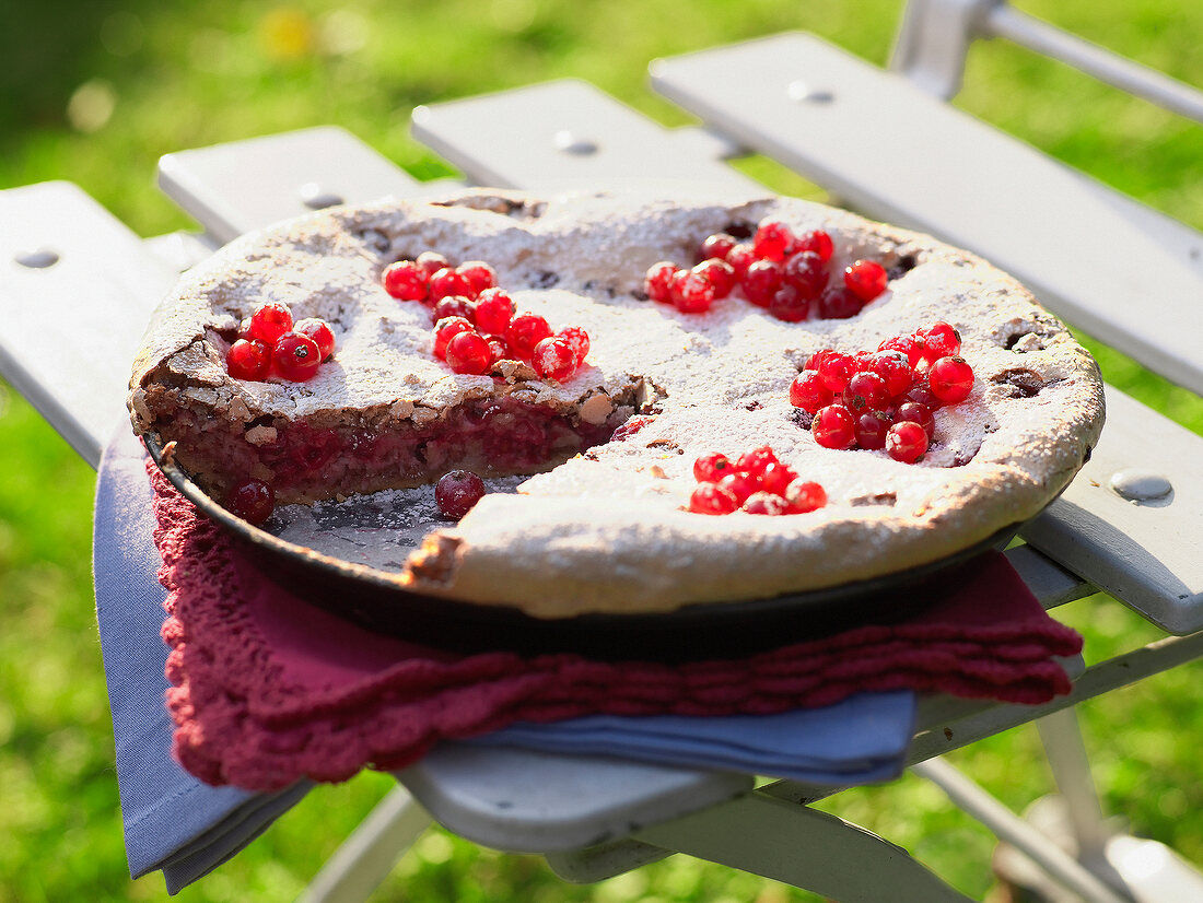 Currant cake with hazelnut meringue on wooden chair