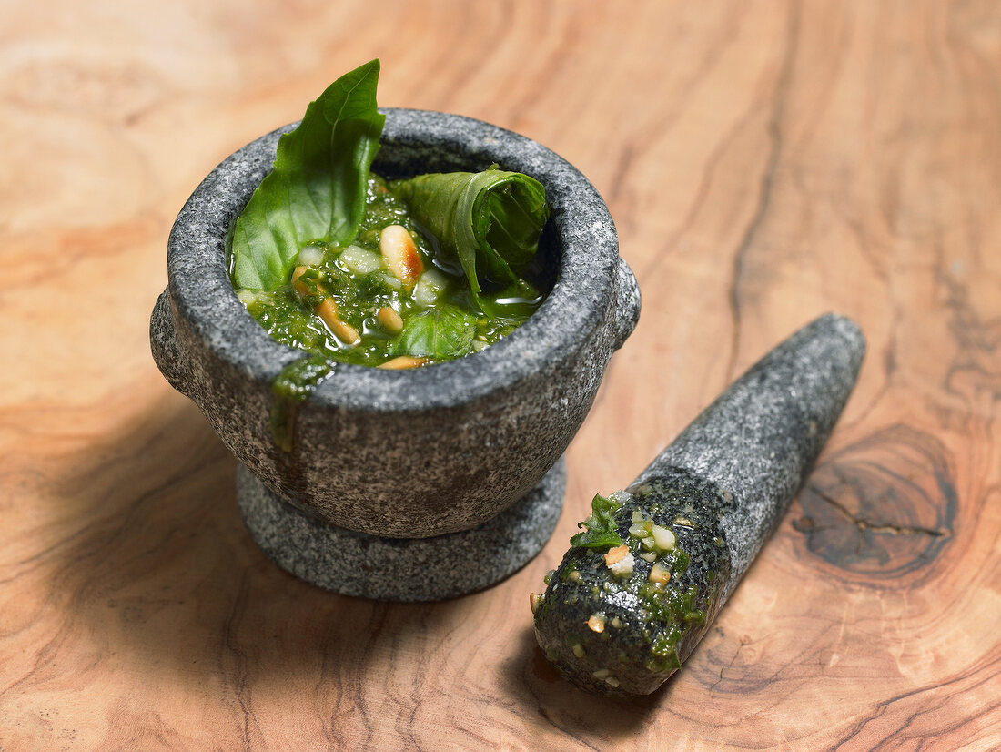 Basil pesto in mortar