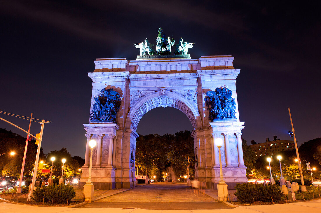 View of illuminated Grand Army Plaza at night, Brooklyn, New York, USA