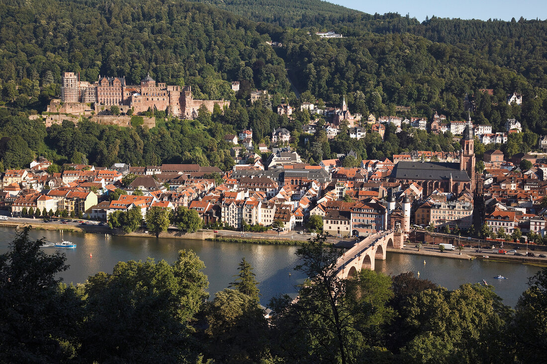 Aerial view of Old Neckar bridge and cityscape in Heidelberg, Germany