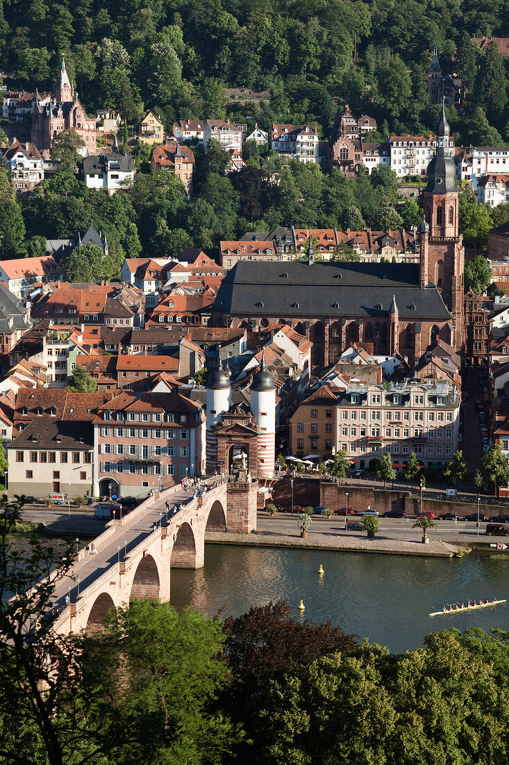 Aerial view of Old Neckar bridge and cityscape in Heidelberg, Germany