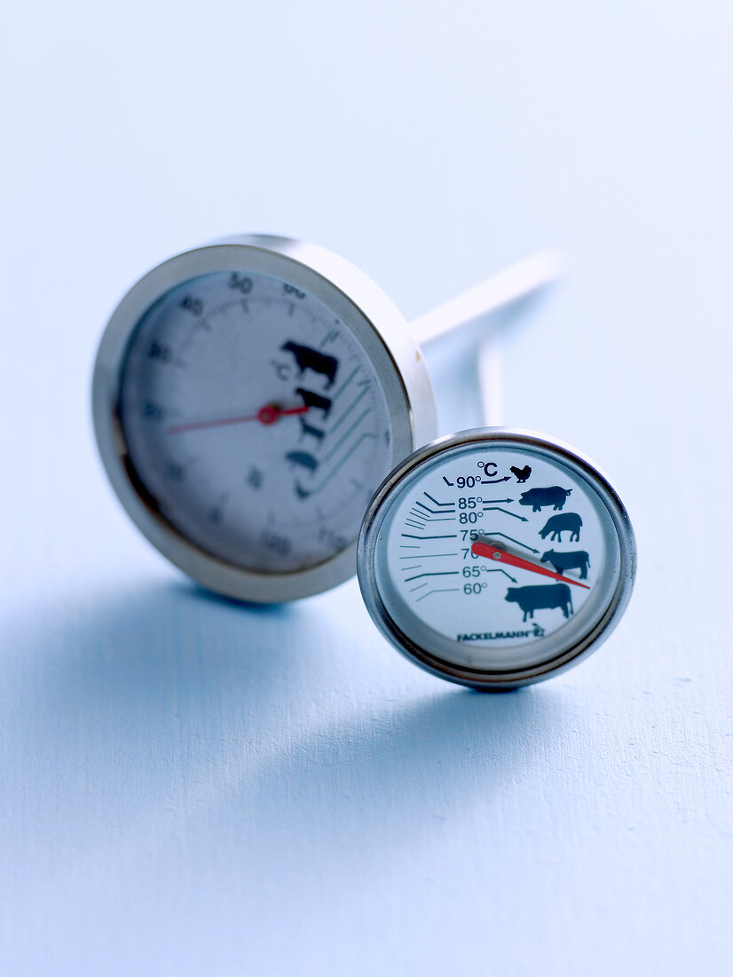 Meat thermometer with markings on white background