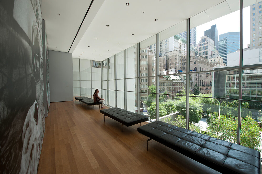 View of benches in courtyard at Museum of Modern Art, New York, USA