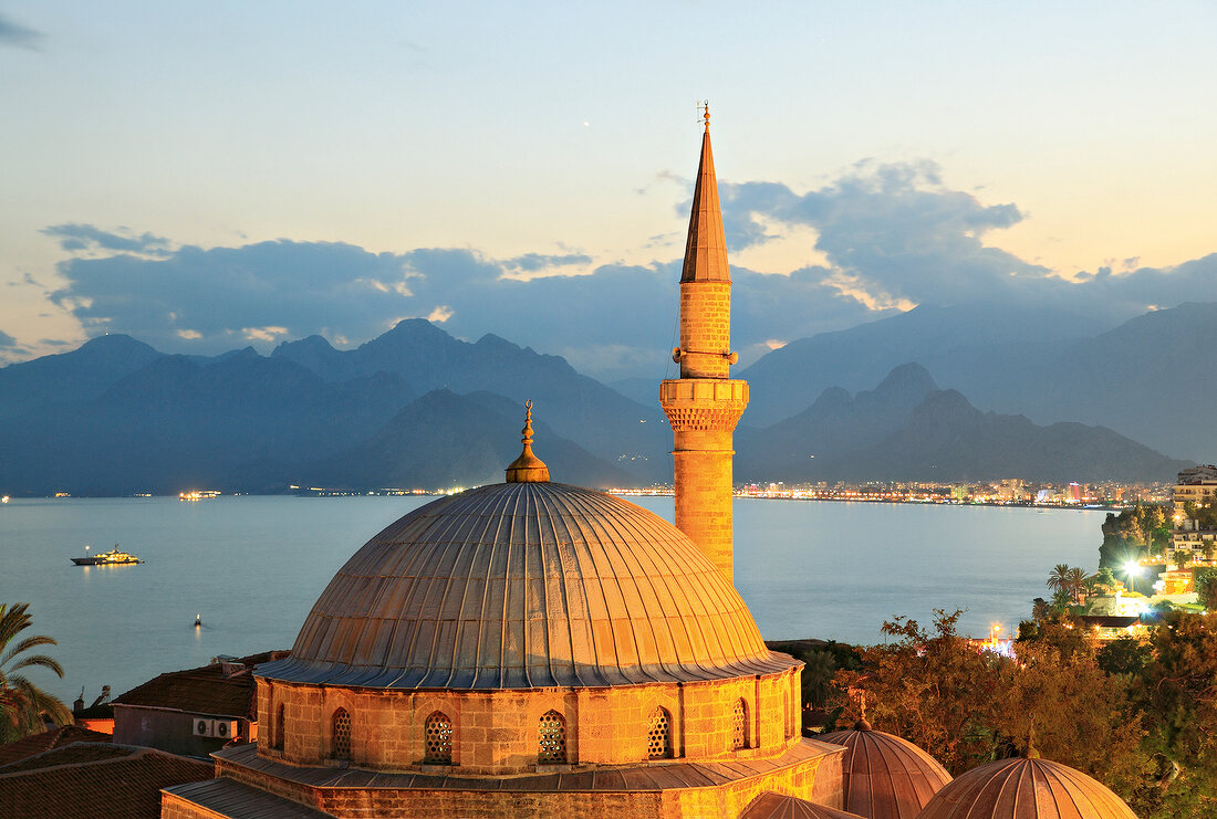 View of dome of Tekeli Mehmet Pasa Mosque in evening, Antalya, Turkey