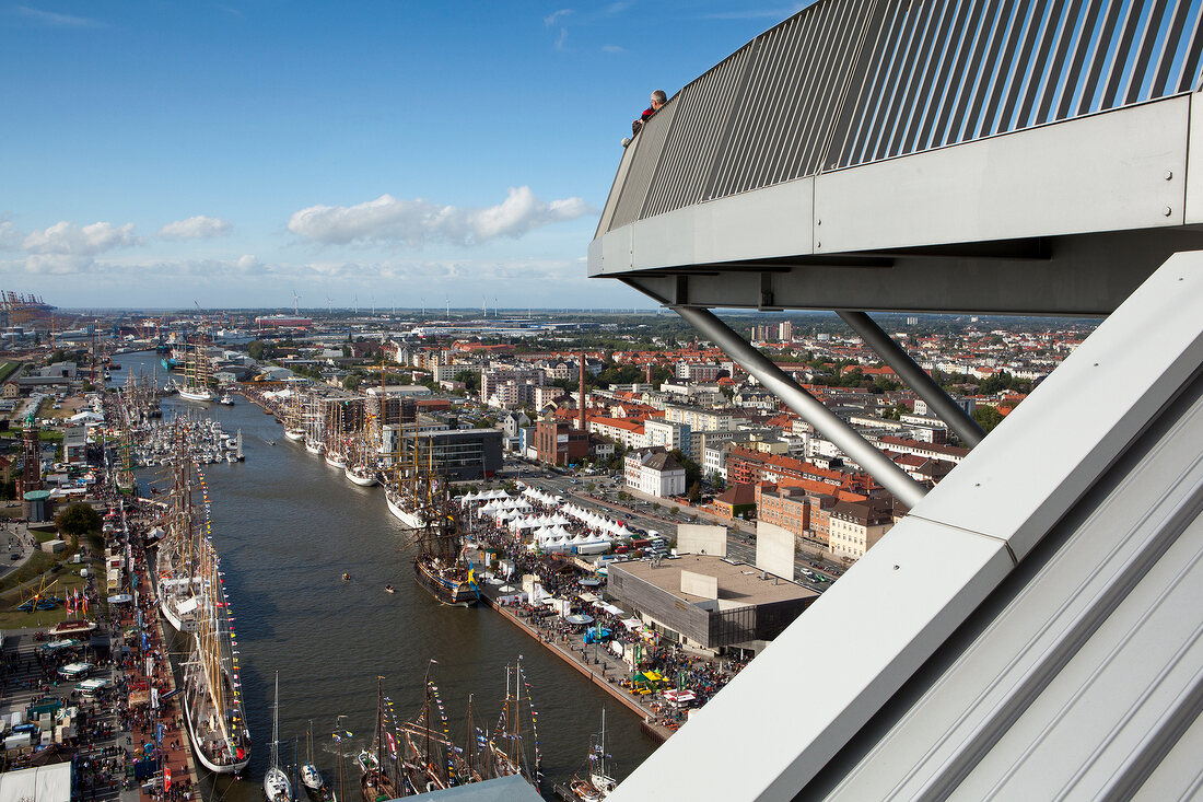 Elevated view of harbour and city from Atlantic Hotel Sail City in Bremerhaven, Germany