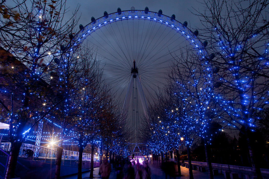 View of illuminated London Eye at night, London, UK