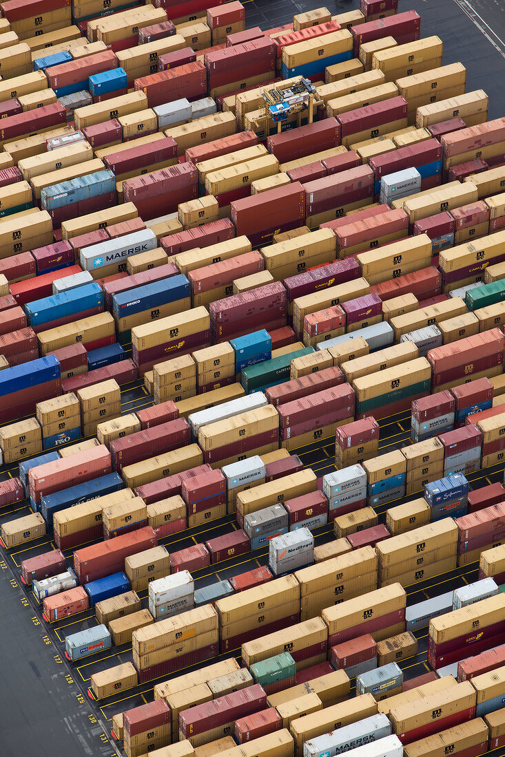 Elevated view of cargo containers at port in Bremerhaven, Bremen, Germany