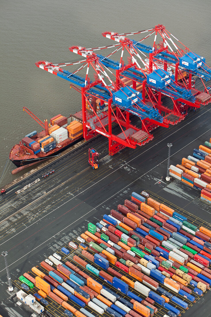 Elevated view of cranes and cargo containers at port in Bremerhaven, Bremen, Germany