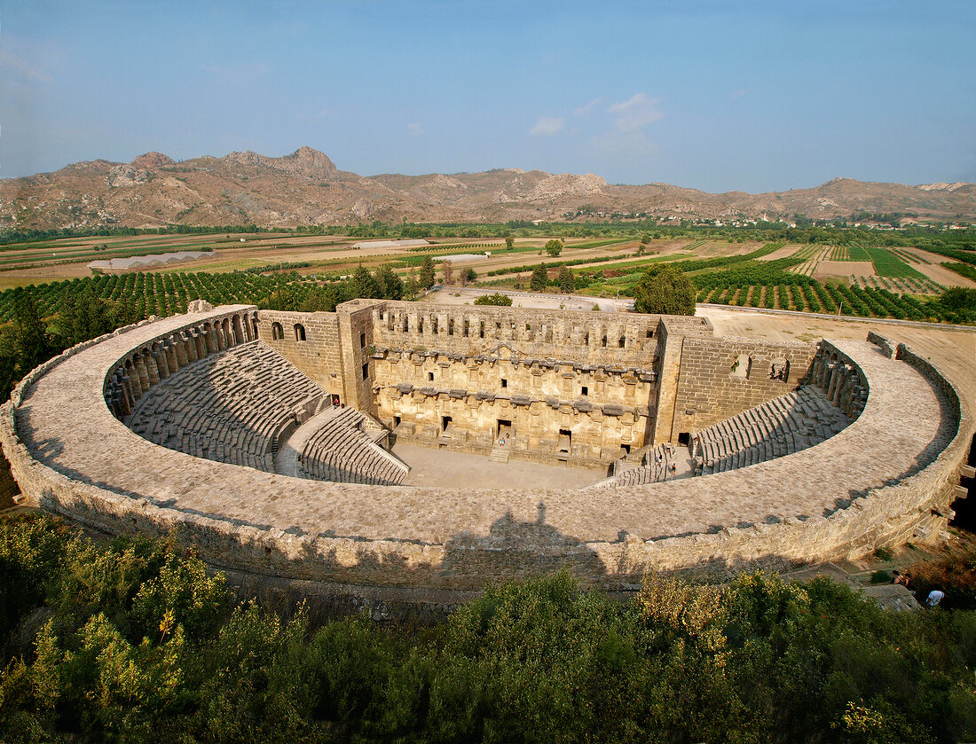 Elevated view of Aspendos theatre and landscape, Aspendos, Turkey