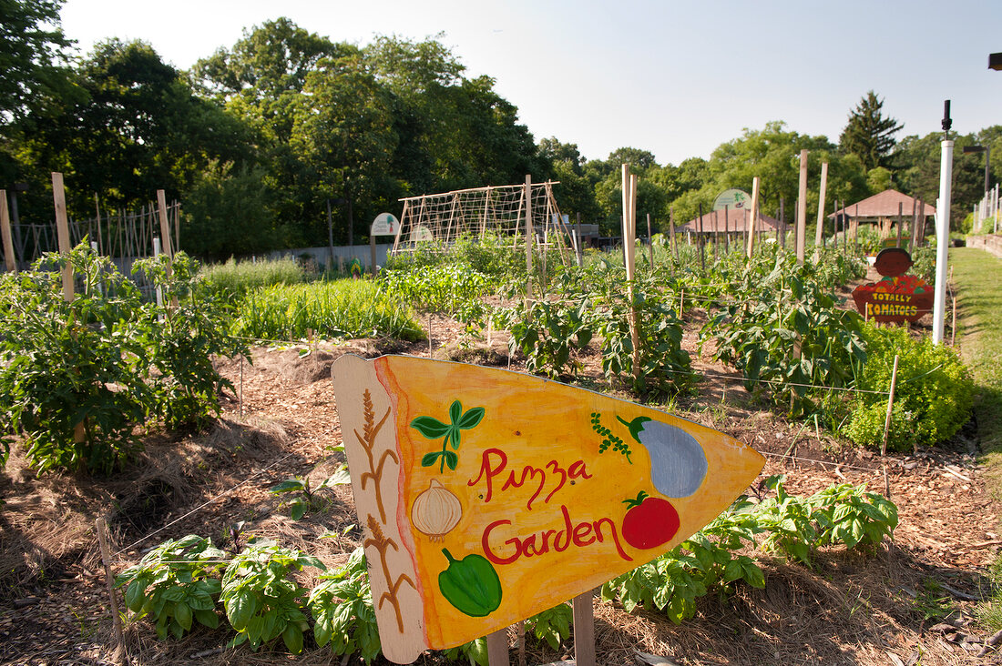 View of Pizza Garden and signboard in The New York Botanical Garden, New York, USA