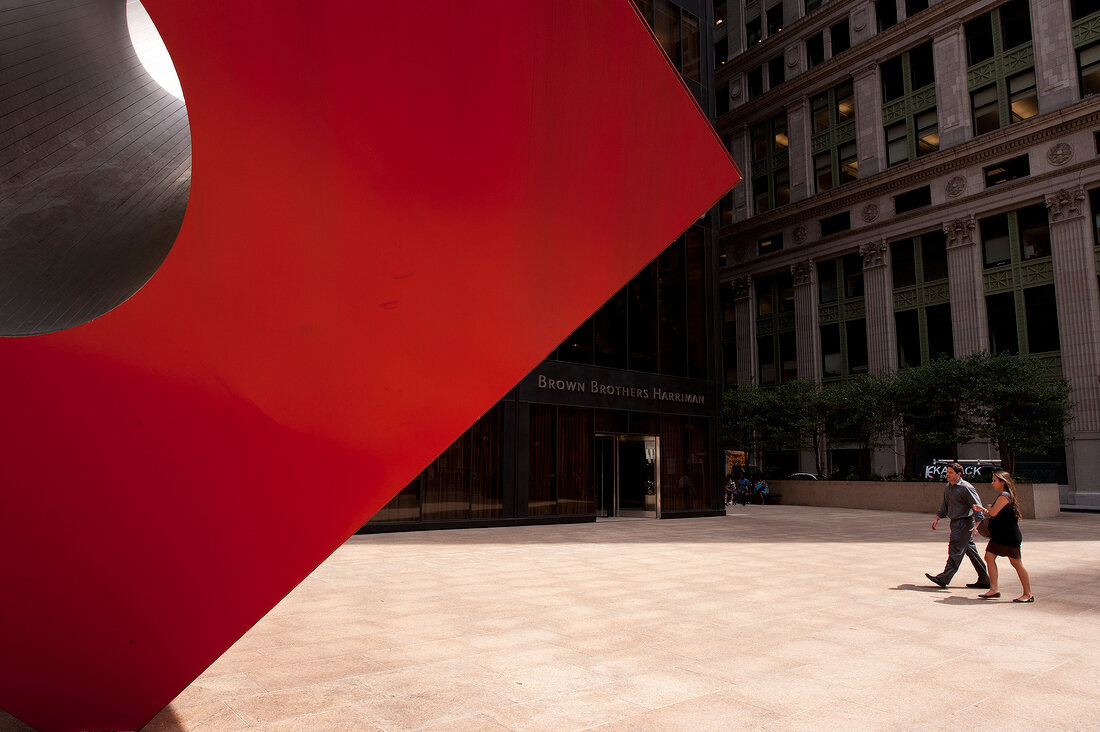 The Red Cube Sculpture at 140 Broadway, New York, USA