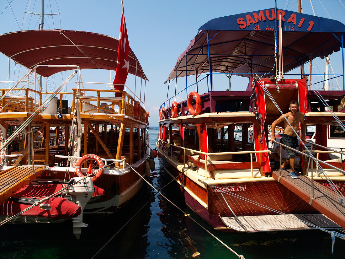 Boats moored on old harbour in Antalya, Turkey