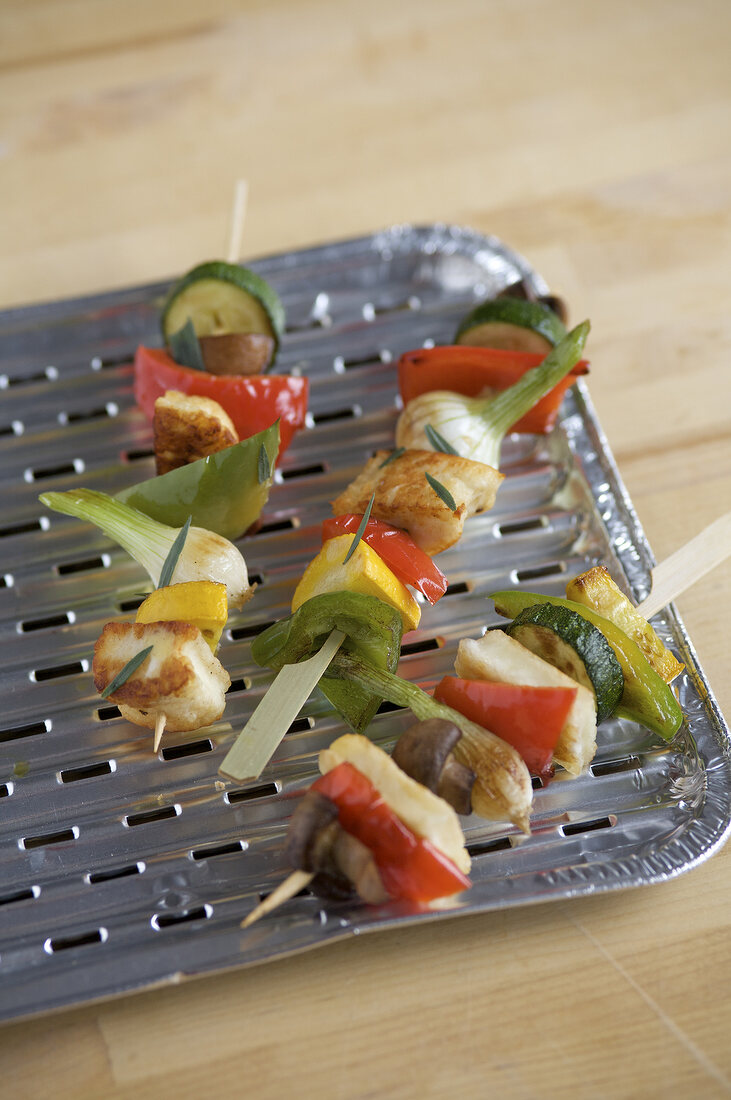 Close-up of vegetables grilled on skewers