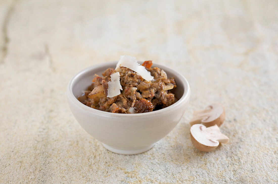 Mushroom and tomato cream in bowl